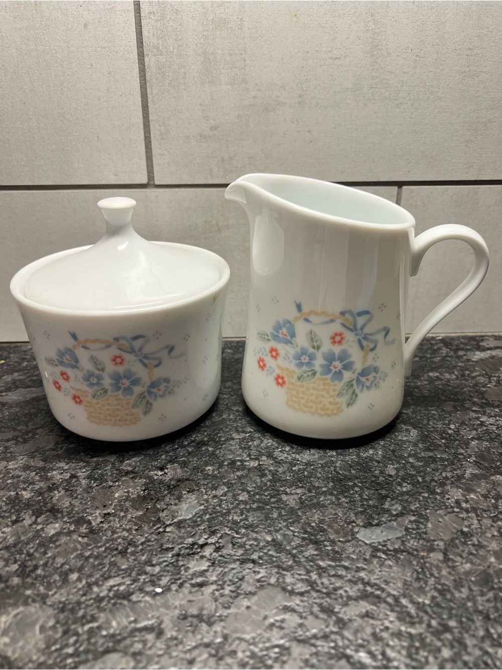 Corelle  Country Cornflower Creamer & Lidded Sugar w Blue & Pink Floral Basket